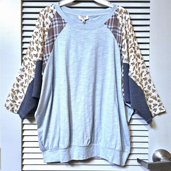 Umgee Sky Mix Floral Plaid Dolman Sleeve Knit Blouse - Picture 4 of 9